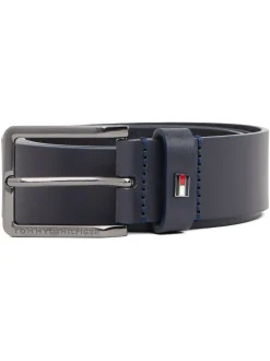 Blauw - Tommy Hilfiger leren riem met geëmailleerde vlag