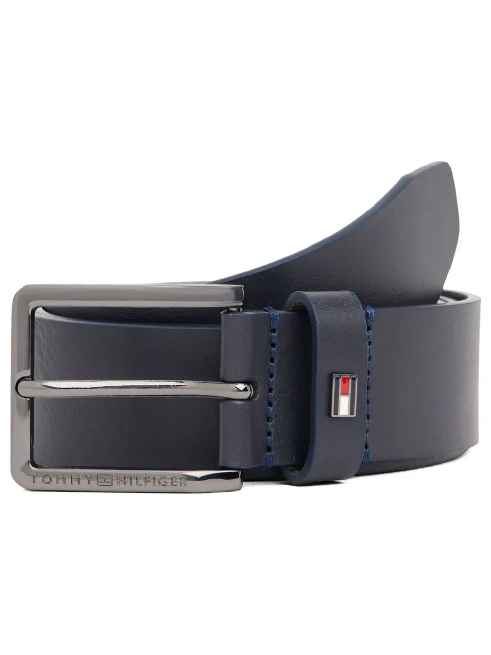 Blauw - Tommy Hilfiger leren riem met geëmailleerde vlag