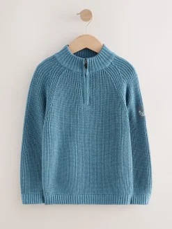 Blauw - Utility gebreide trui met rits bij de hals (3-16jr)
