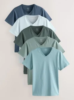 Blauw - Verpakking van 5 slim-fit 100% katoenen T-shirts met V-hals en laagjes