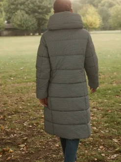 Blauw geruit - Regenbestendige gewatteerde lange jas met capuchon