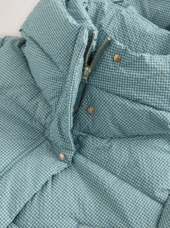 Blauw geruit - Regenbestendige gewatteerde lange jas met capuchon