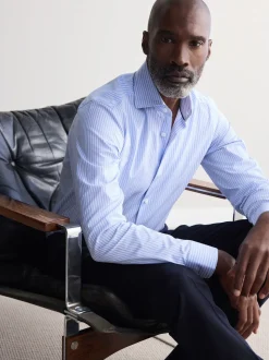 Blauw gestreept - Slim Fit Signature Single Cuff Texture Pima Cotton Shirt With Cutaway Collar