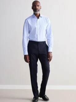 Blauw gestreept - Slim Fit Signature Single Cuff Texture Pima Cotton Shirt With Cutaway Collar