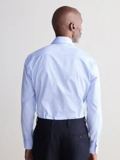 Blauw gestreept - Slim Fit Signature Single Cuff Texture Pima Cotton Shirt With Cutaway Collar