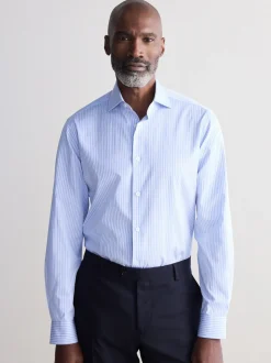 Blauw gestreept - Slim Fit Signature Single Cuff Texture Pima Cotton Shirt With Cutaway Collar