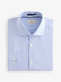 Blauw gestreept - Slim Fit Signature Single Cuff Texture Pima Cotton Shirt With Cutaway Collar