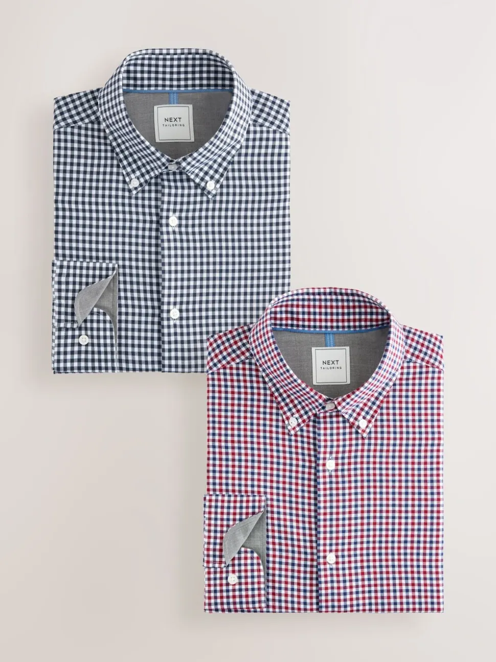 Blauw gingham/rood gingham - Set van 2 stuks strijkvrije Oxford-overhemden