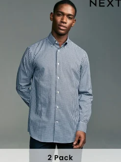 Blauw gingham/rood gingham - Set van 2 stuks strijkvrije Oxford-overhemden