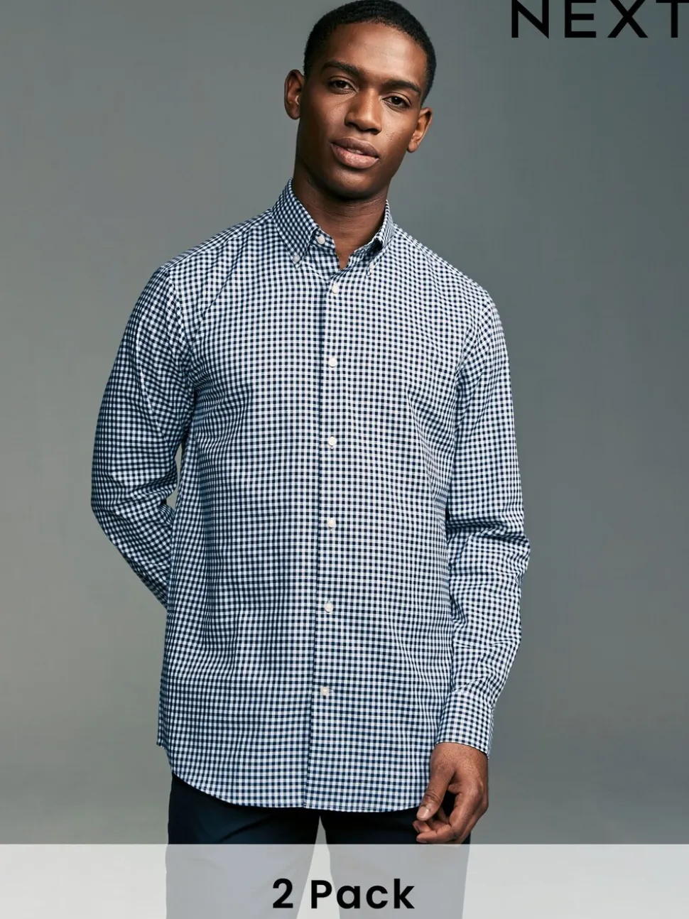 Blauw gingham/rood gingham - Set van 2 stuks strijkvrije Oxford-overhemden