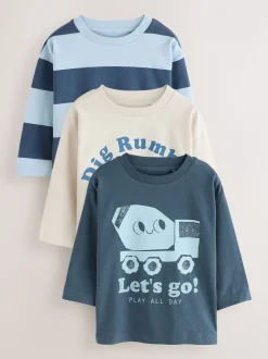 Blauw graafmachine - Set van 3 T-shirts met grafische print en lange mouwen (3mnd-7jr)