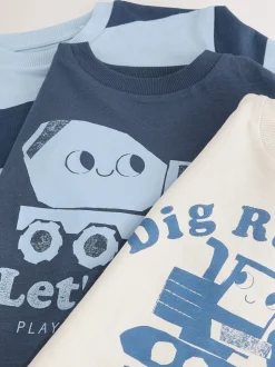 Blauw graafmachine - Set van 3 T-shirts met grafische print en lange mouwen (3mnd-7jr)