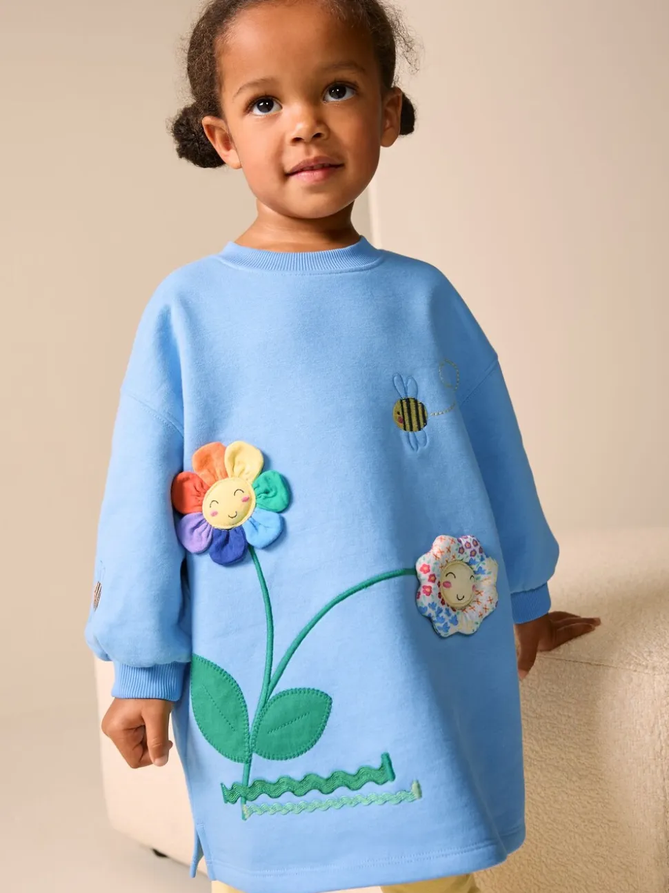 Blauw met bloemen - Relaxte sweaterjurk (3mnd-7jr)