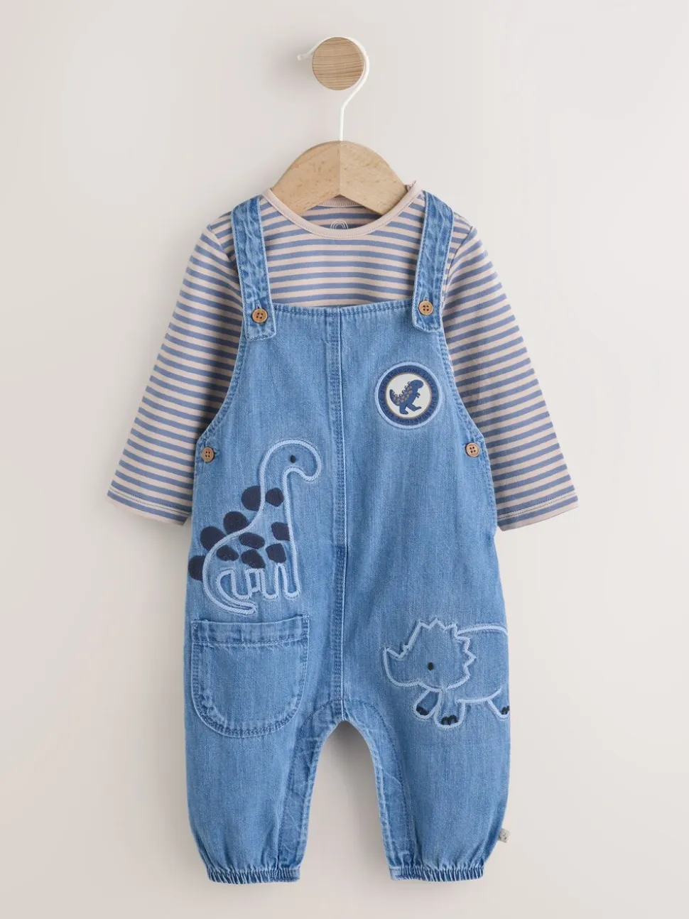 Blauw met dinosaurus - Babyset van denim bretelbroeken en bodysuit (0 mnd - 2 jr)