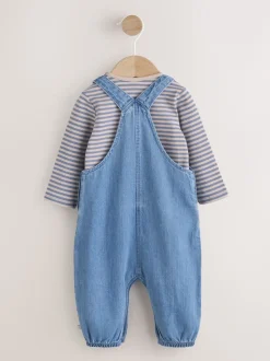 Blauw met dinosaurus - Babyset van denim bretelbroeken en bodysuit (0 mnd - 2 jr)