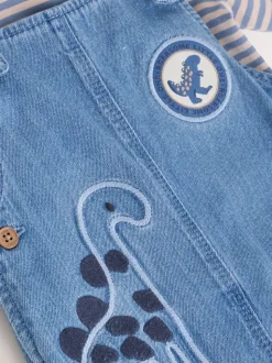 Blauw met dinosaurus - Babyset van denim bretelbroeken en bodysuit (0 mnd - 2 jr)