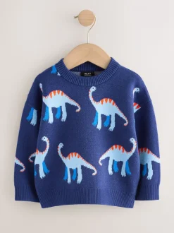 Blauw met dinosaurus - Gebreide trui met ronde hals (3 mnd - 7 jr)