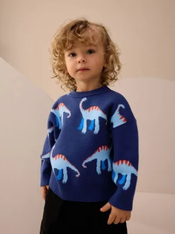 Blauw met dinosaurus - Gebreide trui met ronde hals (3 mnd - 7 jr)
