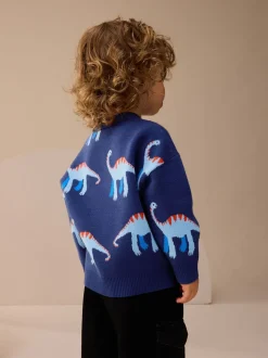 Blauw met dinosaurus - Gebreide trui met ronde hals (3 mnd - 7 jr)