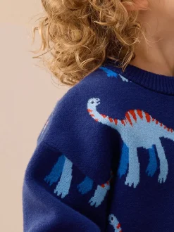 Blauw met dinosaurus - Gebreide trui met ronde hals (3 mnd - 7 jr)
