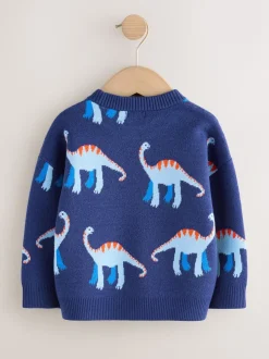Blauw met dinosaurus - Gebreide trui met ronde hals (3 mnd - 7 jr)