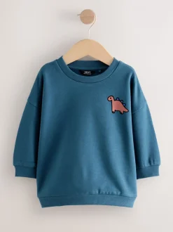 Blauw met dinosaurus - Jersey sweatshirt met ronde hals en print op de rug (3mnd -7jr)