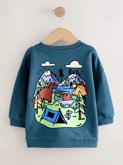 Blauw met dinosaurus - Jersey sweatshirt met ronde hals en print op de rug (3mnd -7jr)