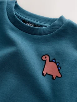 Blauw met dinosaurus - Jersey sweatshirt met ronde hals en print op de rug (3mnd -7jr)