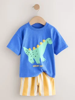 Blauw met dinosaurus - Set van T-shirt met korte mouwen en short (3 mnd-7 jr)