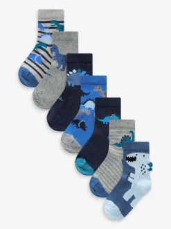 Blauw met dinosaurus - Verpakking van 7 paar sokken met hoog aandeel katoen