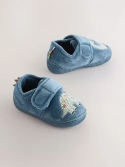 Blauw met dinosaurus - Warm gevoerde pantoffels met kuipzool