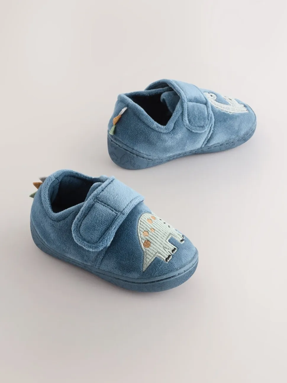 Blauw met dinosaurus - Warm gevoerde pantoffels met kuipzool