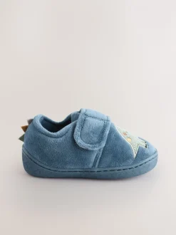 Blauw met dinosaurus - Warm gevoerde pantoffels met kuipzool