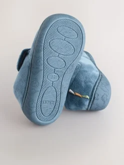 Blauw met dinosaurus - Warm gevoerde pantoffels met kuipzool