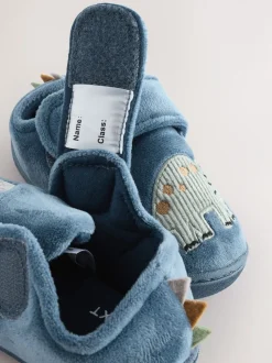 Blauw met dinosaurus - Warm gevoerde pantoffels met kuipzool