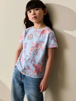 Blauw met eenhoornprint - T-shirt (3-16 jr)