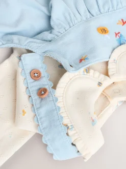Blauw met figuurtjes - Set van corduroy pinafore, bodysuit met lange mouwen en maillot voor baby's (0mnd-2jr)