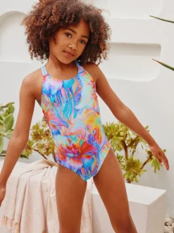 Blauw met golvende print - Badpak met dubbele bandjes (3-16jr)