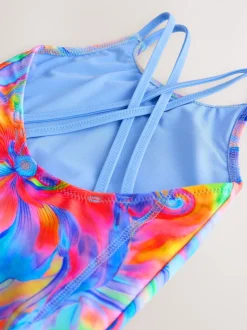 Blauw met golvende print - Badpak met dubbele bandjes (3-16jr)