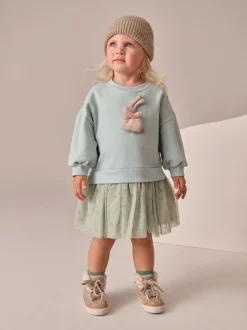 Blauw met konijnen - Feestjurk van sweaterstof (3 mnd-7 jr)