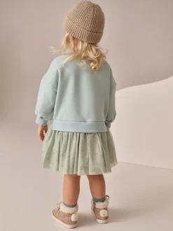 Blauw met konijnen - Feestjurk van sweaterstof (3 mnd-7 jr)