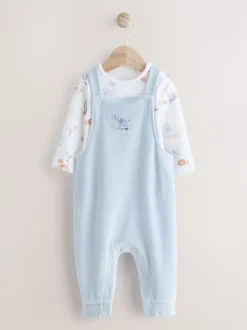 Blauw met olifantenprint - Baby Velours bretelbroeken en Bodysuit Set (0mths-3yrs)