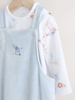 Blauw met olifantenprint - Baby Velours bretelbroeken en Bodysuit Set (0mths-3yrs)