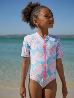 Blauw met schelp - Short Sleeved Sunsafe Swimsuit (3mths-16yrs)