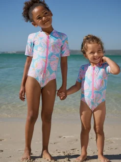 Blauw met schelp - Short Sleeved Sunsafe Swimsuit (3mths-16yrs)