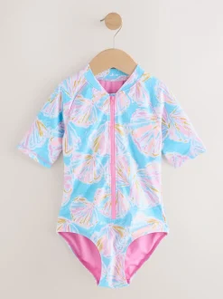 Blauw met schelp - Short Sleeved Sunsafe Swimsuit (3mths-16yrs)