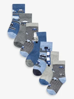 Blauw met strepen/transportprint - Verpakking van 7 paar sokken met hoog aandeel katoen