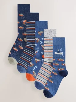 Blauw met vissen - Set van 5 sokken met patroon