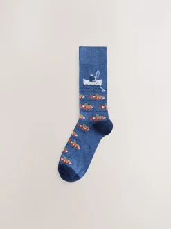 Blauw met vissen - Set van 5 sokken met patroon
