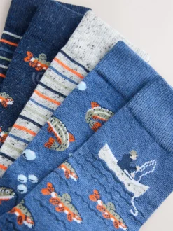 Blauw met vissen - Set van 5 sokken met patroon